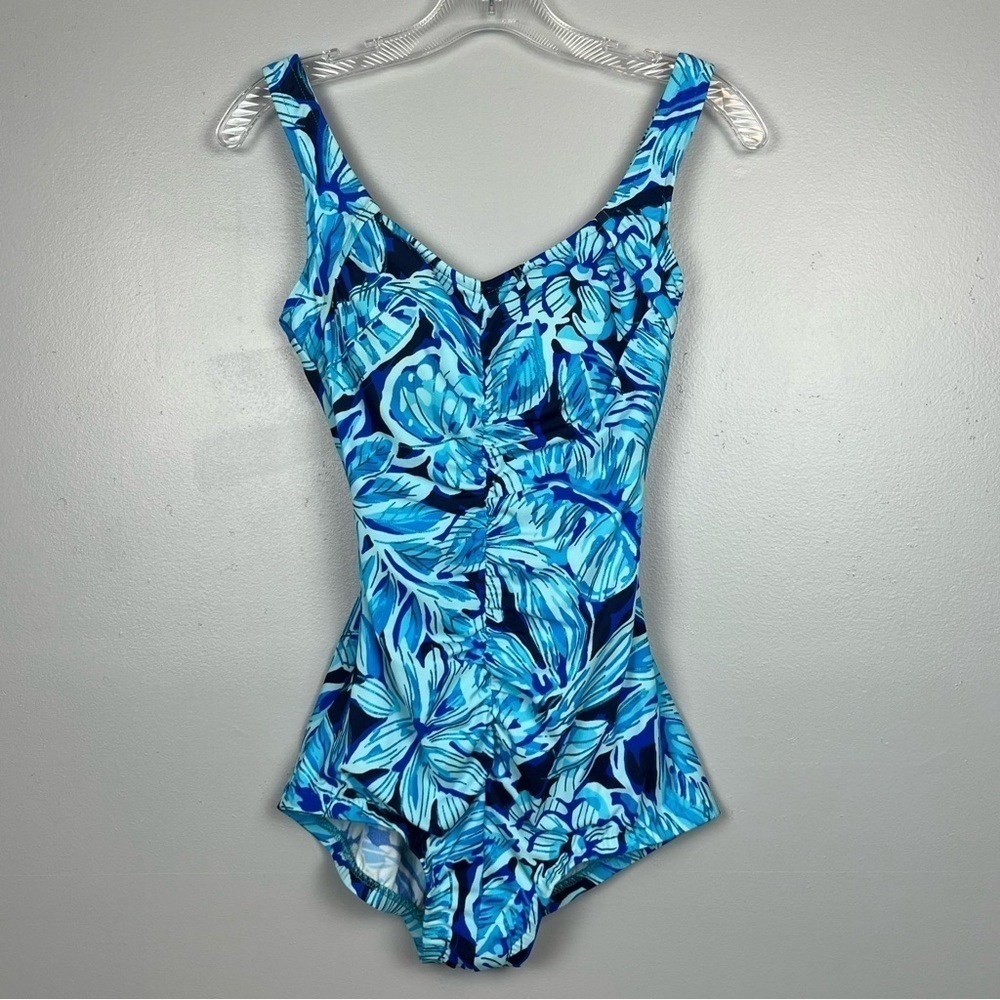 Maxine of Hollywood blue tropical floral print modest swimsuit, size 10.